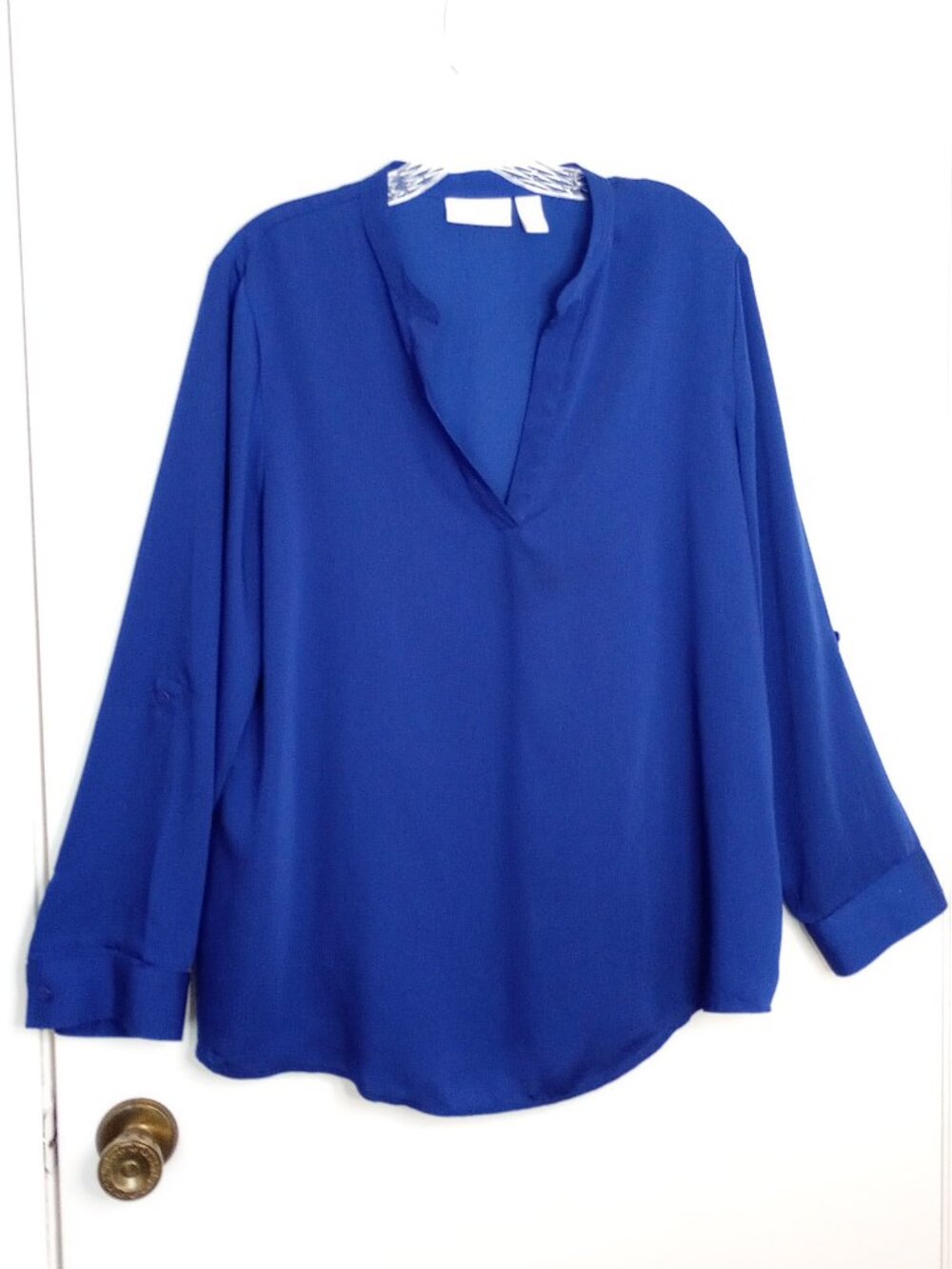 Chico's Deep Blue Split V-Neck Flowy Popover Blouse Sz 2